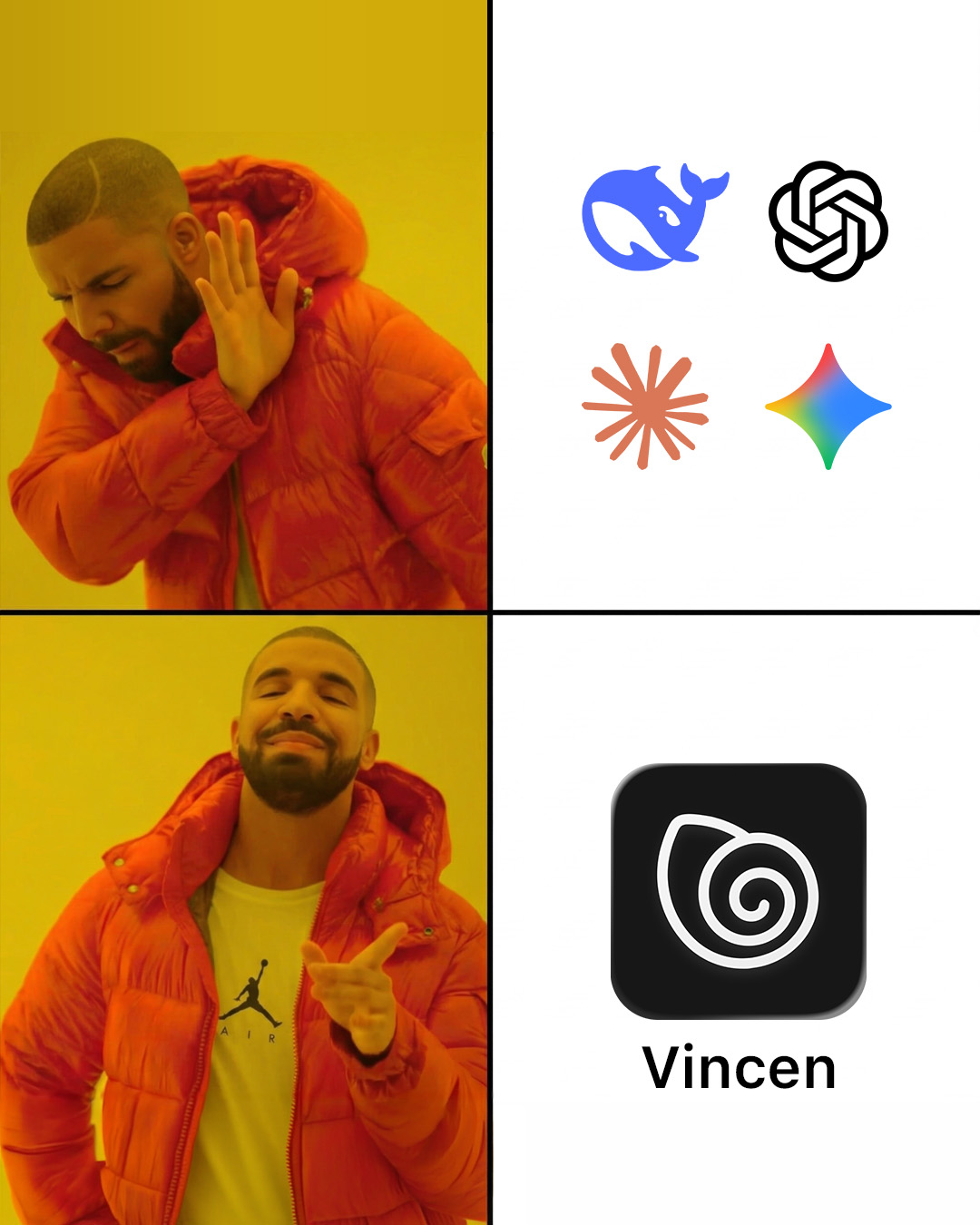 Static ad 01: reject-and-approve meme with Vincen as the pick